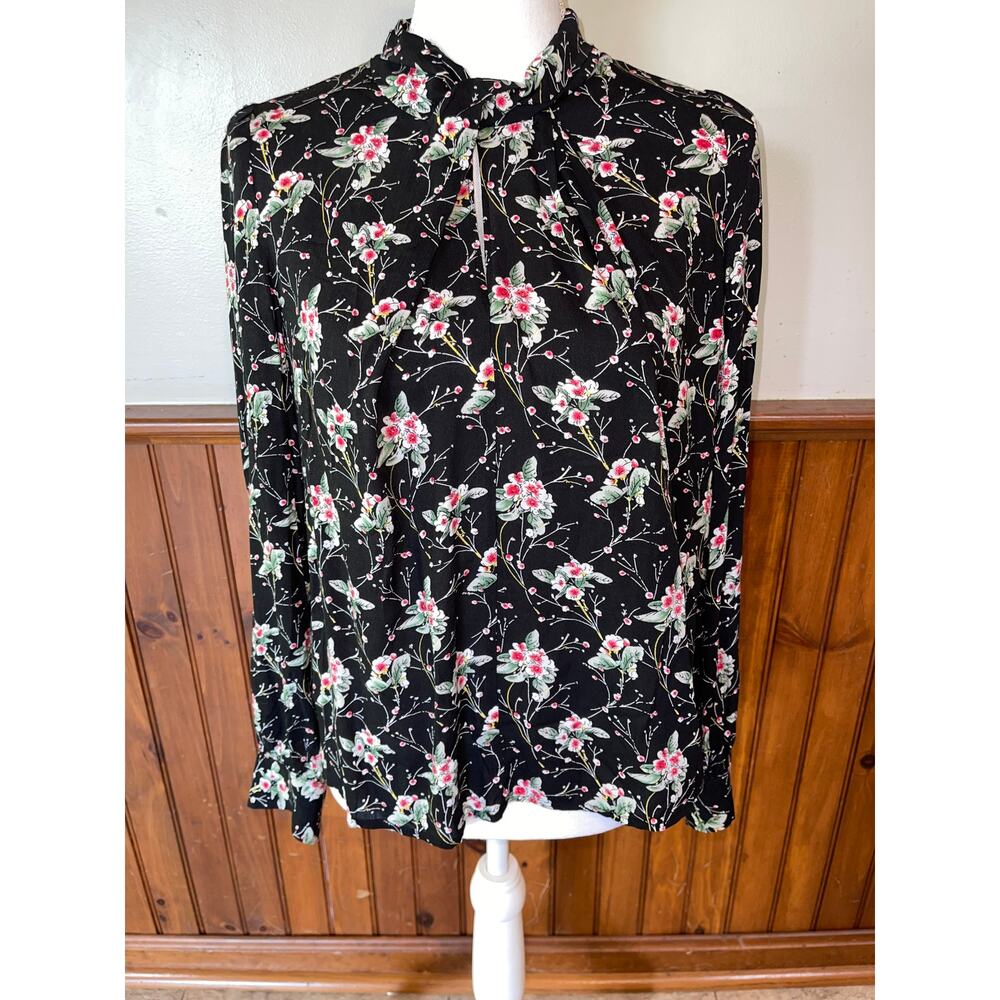 Womens Louche Black Red Floral Long Sleeve‎ Keyhole Back Zipper Blouse US Size 6